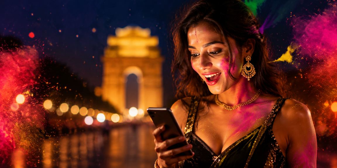 Payment transaction with Holi festival celebrations in background at India Gate, Delhi