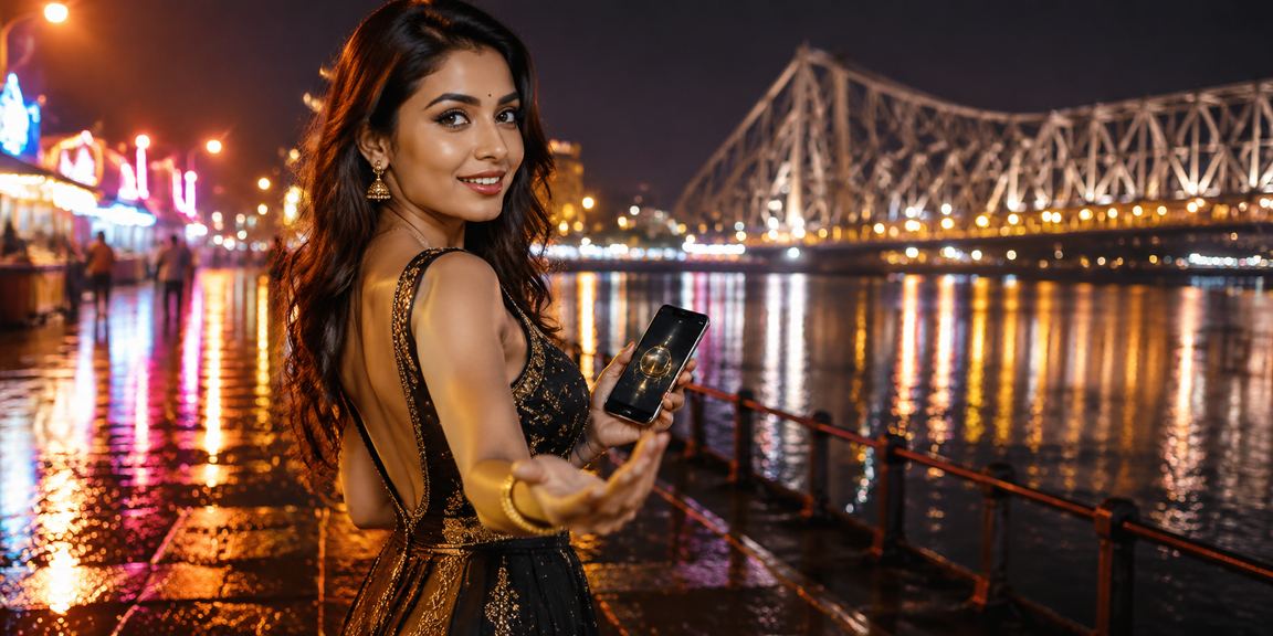 Kolkata Howrah Bridge with casino app and night market in India